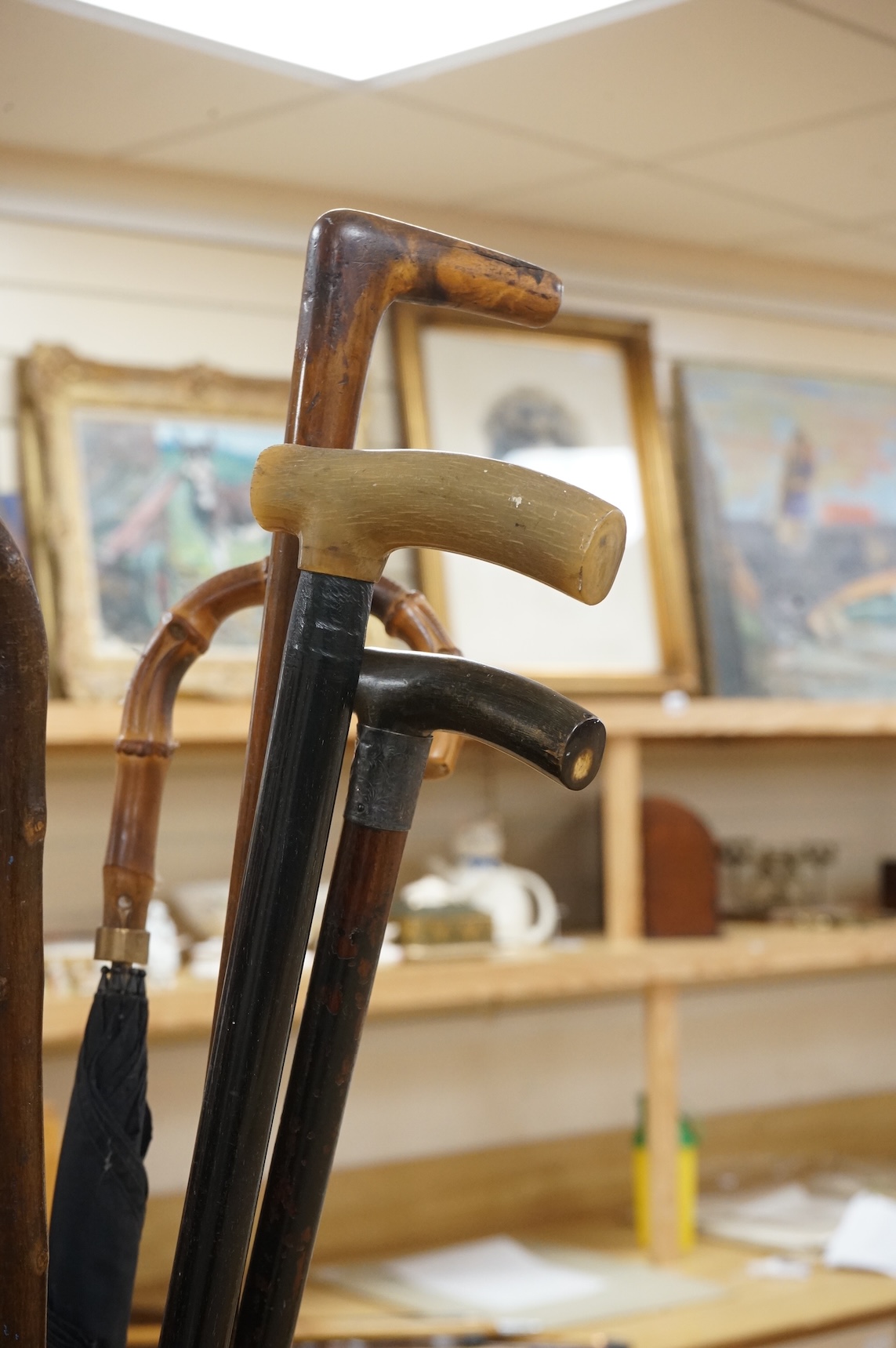 A collection of various walking sticks, some silver mounted, an umbrella with bamboo handle and a brass stick stand, stick stand 45cm high